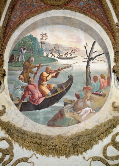 Escena que muestra que aquellos nacidos bajo el signo de Libra en conjunción con la constelación de Sagitta o la Flecha serán hábiles en el tiro con arco, simbolizado por una caza con arqueros disparando a patos de Giulio Romano